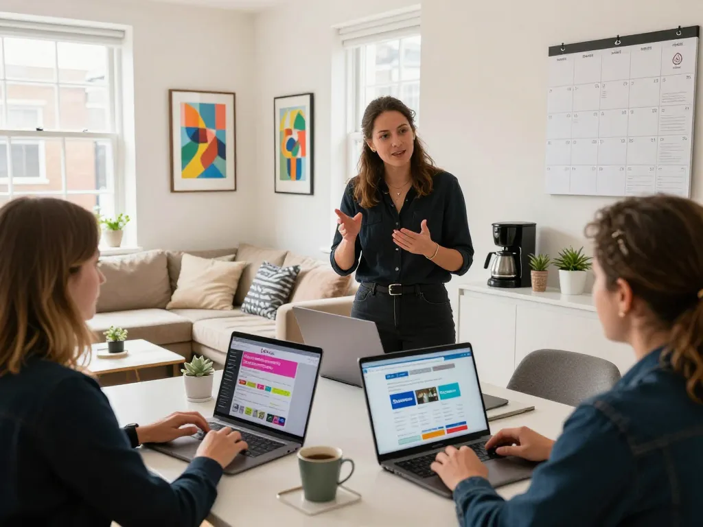 Professional Airbnb management in Bristol with property manager and homeowners discussing rental strategies in a cozy living space.