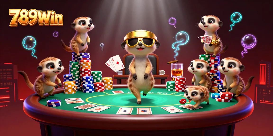 Experience thrilling casino excitement with 789Win’s vibrant cartoon meerkats managing an elaborate gambling scene.