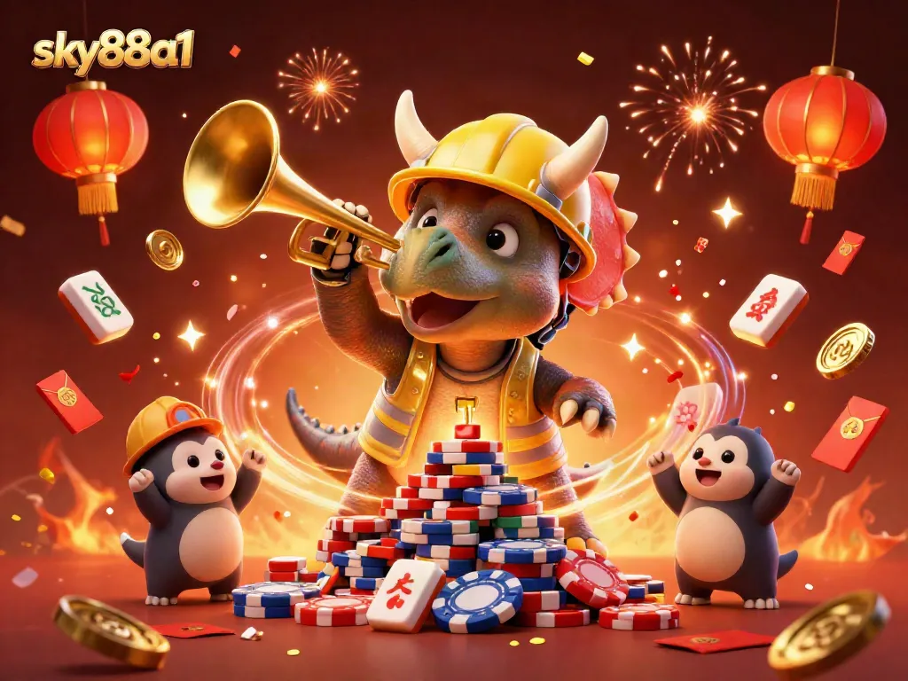 Bet on excitement with sky88a1 as cheerful characters build a vibrant poker chip pyramid.
