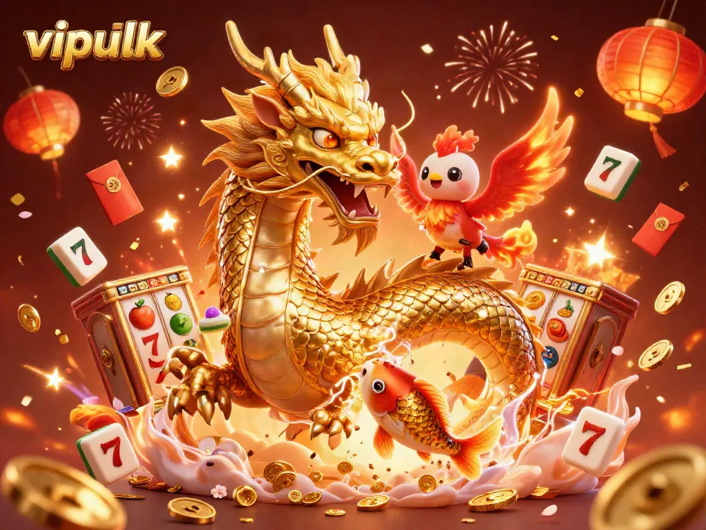 Experience the excitement of vipluck casino with golden dragon, phoenix, and koi fish amidst vibrant gaming symbols.