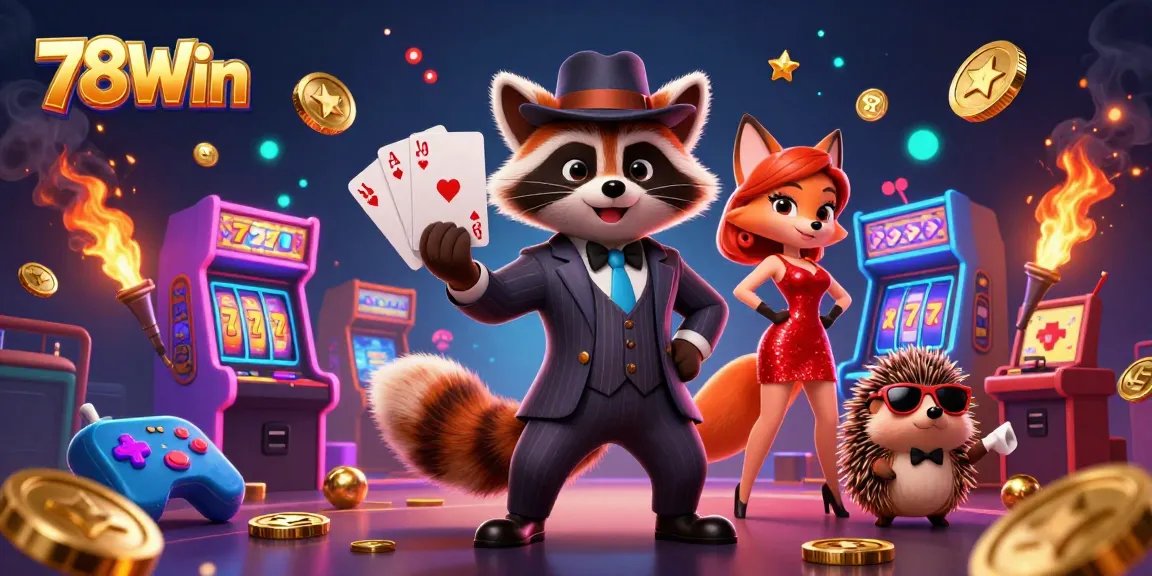 Experience thrilling gameplay at 78Win with a suave raccoon, a charming fox, and action-packed casino elements.