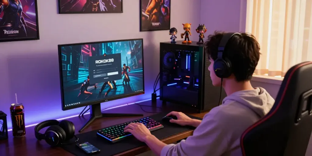 Gamer using ROKOK88 login interface in a modern gaming setup with colorful lights.