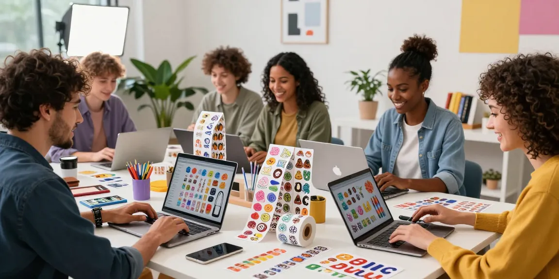 Custom stickers displayed in a vibrant workspace, showcasing creativity and design