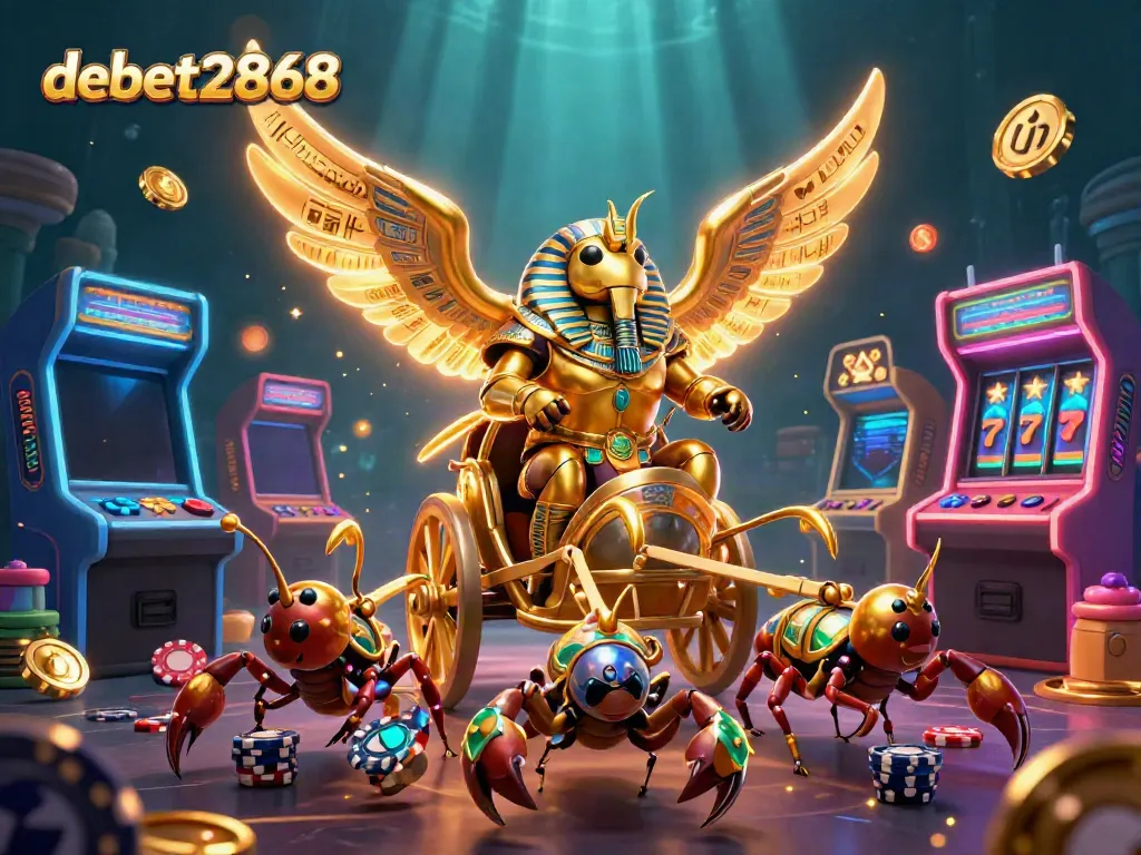 Engage with debet2868's dynamic online casino experience featuring a golden scarab beetle and slot machines.