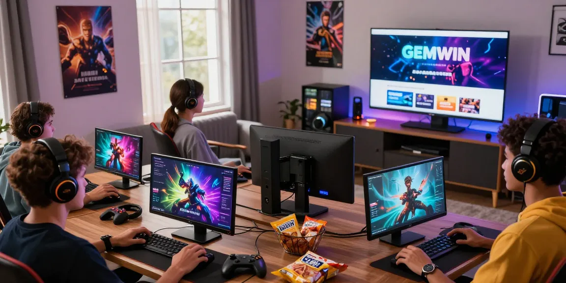 Enthusiastic gamers enjoying GEMWIN's vibrant gaming platform at home, with immersive graphics and cozy atmosphere.