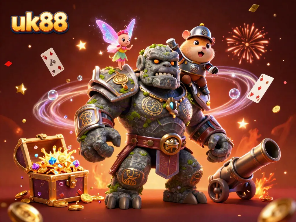 Experience thrilling gaming at uk88 with a dynamic scene featuring a golem and magical companions amidst coins and treasures.
