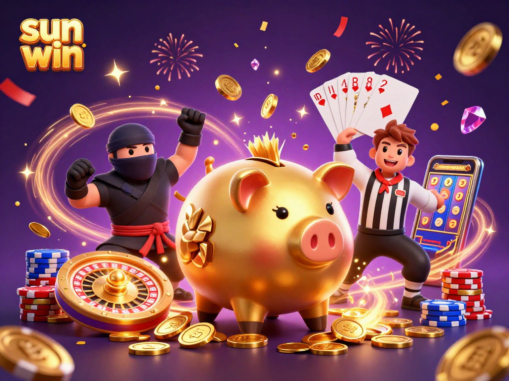 Spin the reels and win with sun win's dynamic casino scene featuring vibrant characters and festive elements.