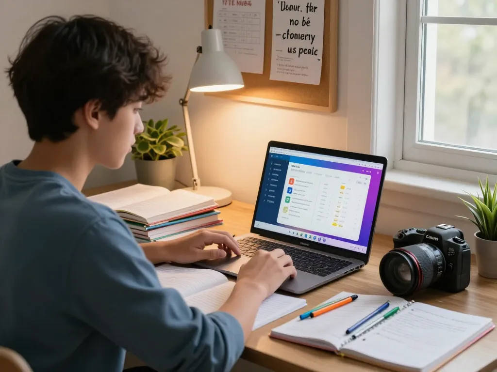 Student, der die Hausaufgaben Löser-App auf dem Laptop in einem gemütlichen Arbeitszimmer verwendet.