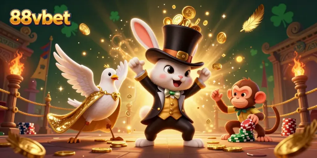 Experience the thrill of winning at 88vbet with a magical casino scene filled with vibrant characters, coins, and fun!