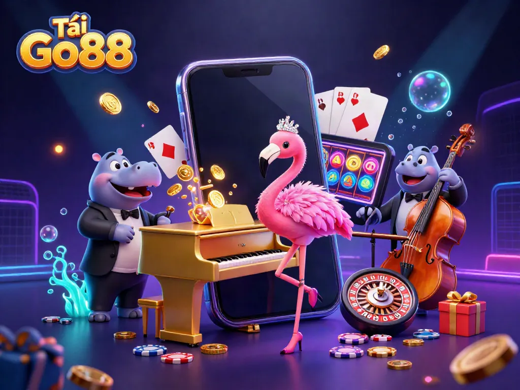 Play and win with Tải Go88 in a vibrant 3D casino illustration featuring flamingo and hippo musicians.
