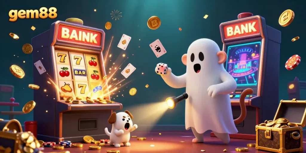 Experience gem88 with a dynamic casino scene featuring a poltergeist monkey and ghost-hunter puppy amidst floating coins.