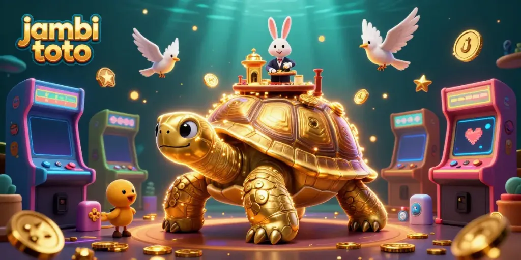 Experience thrilling gameplay at jambi toto with a vibrant 3D illustration featuring a golden tortoise casino and energetic scenes.