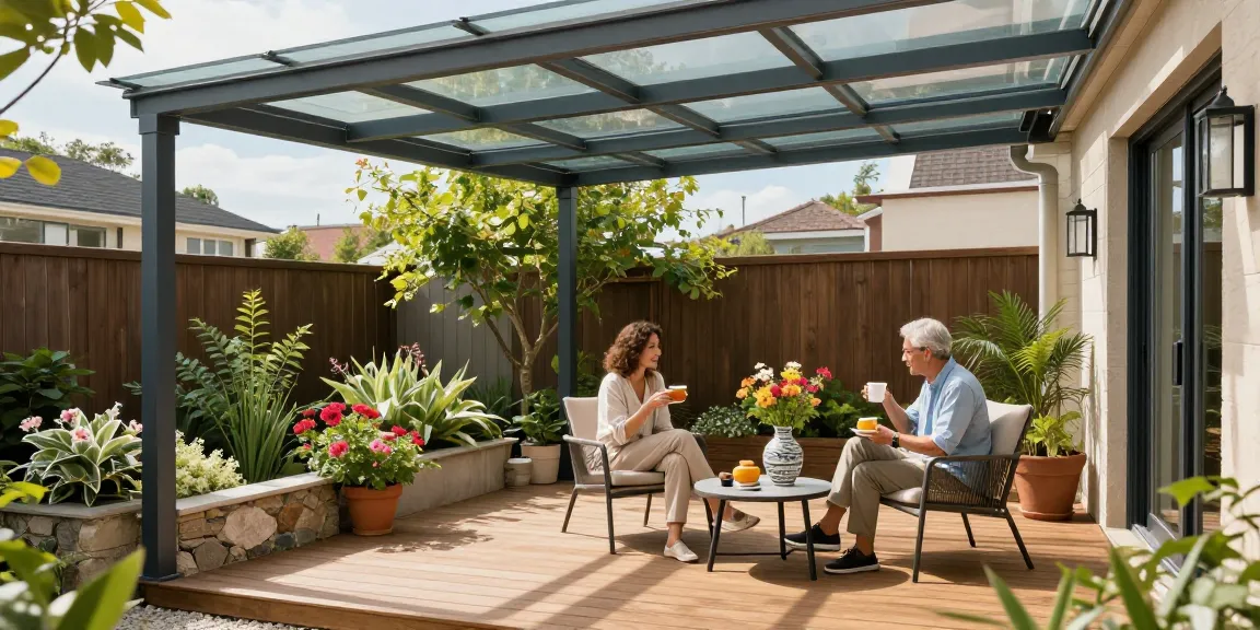 Terrassenüberdachung aus Aluminium auf einer modernen Terrasse mit einem Paar, das entspannt sitzt.