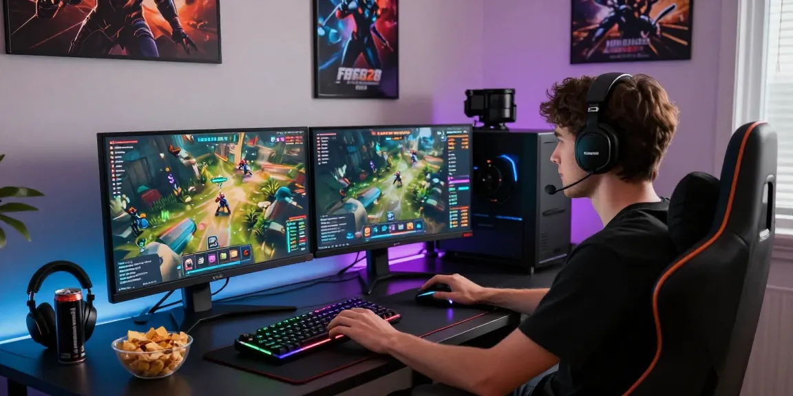 Engaged gamer on FAFA828 platform, dynamic gaming setup with colorful monitors and glowing peripherals.