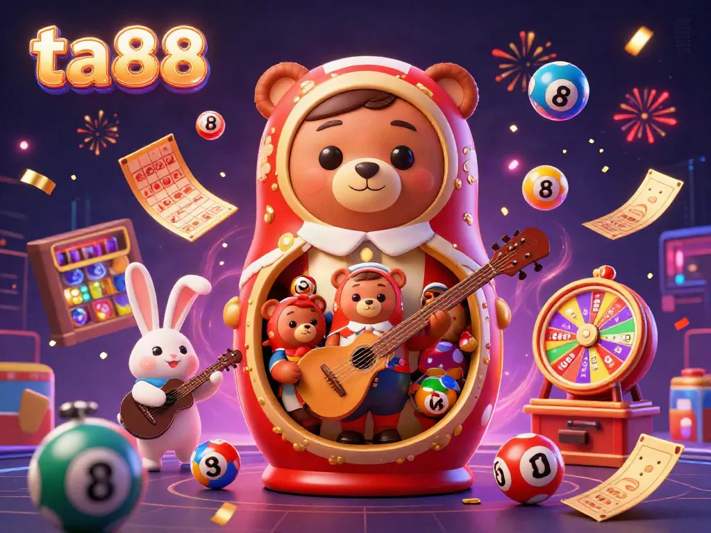 Experience the thrill of ta88 with vibrant casino characters and lottery elements in a festive 3D scene.