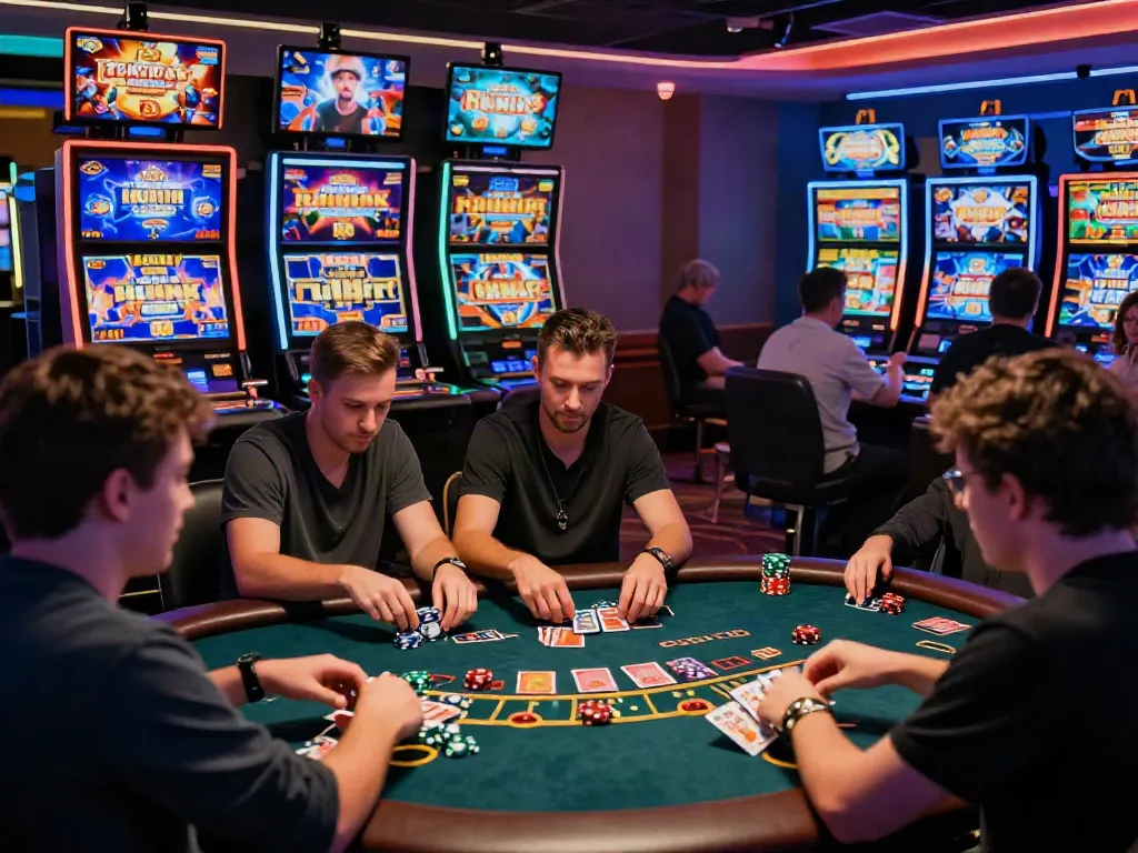 Engaging players enjoying diverse games at KU88, including live dealers and colorful slot machines.