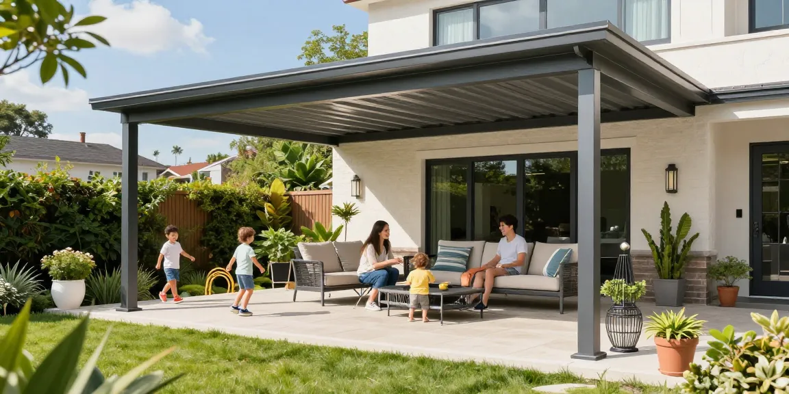 Moderne Terrassenüberdachungen mit Familie in einem einladenden Garten.