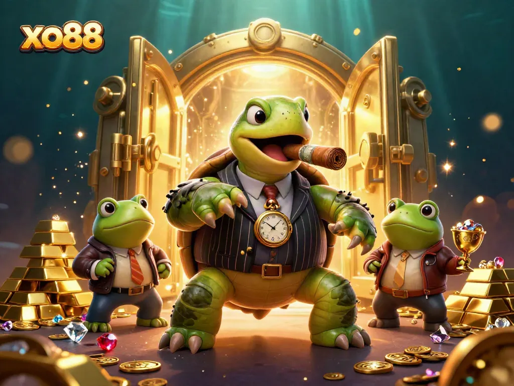 Experience excitement with xo88's cartoon turtle mobster and frog enforcers in a dynamic casino scene.