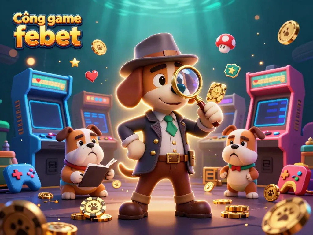 Play exciting games at Cổng game febet with a detective and his bulldog surrounded by colorful gaming elements.