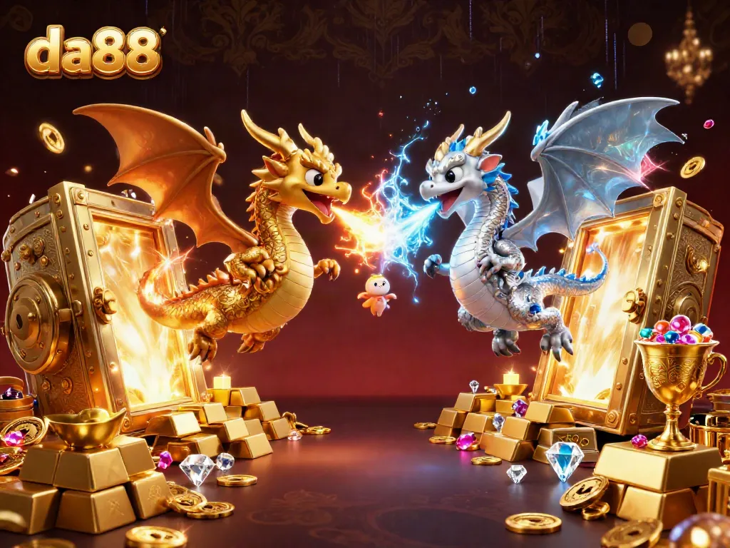 Experience the enchanting world of da88 with twin dragons, gold treasures, and captivating casino elements.