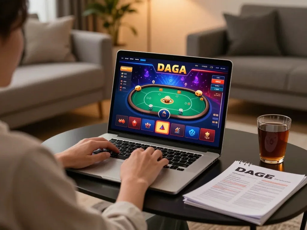 Engaging online gaming with DAGA interface displayed on laptop in a cozy living room setting