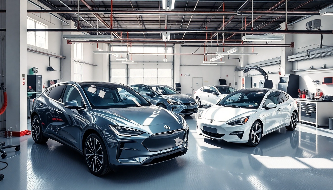 Elektroautos in einer modernen Garage mit professionellem Setup und gutem Licht.