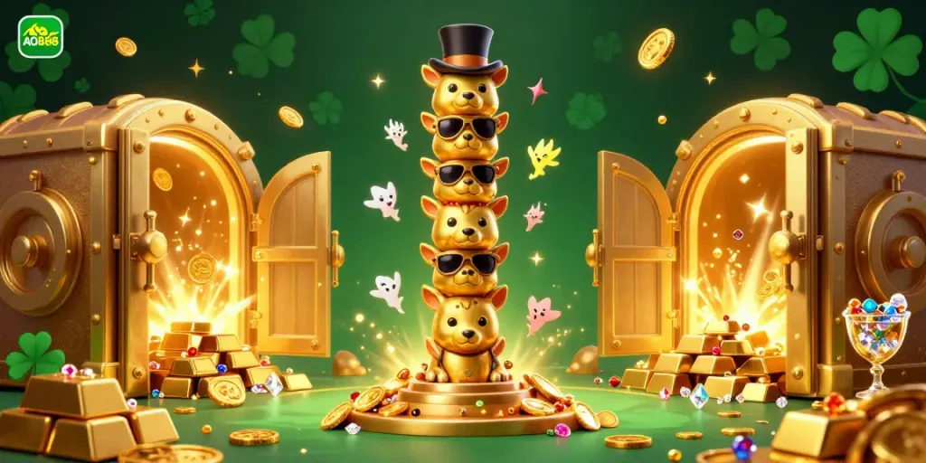 Experience the thrilling AO888 casino adventures with this dynamic illustration featuring a vibrant totem pole and gold treasures.
