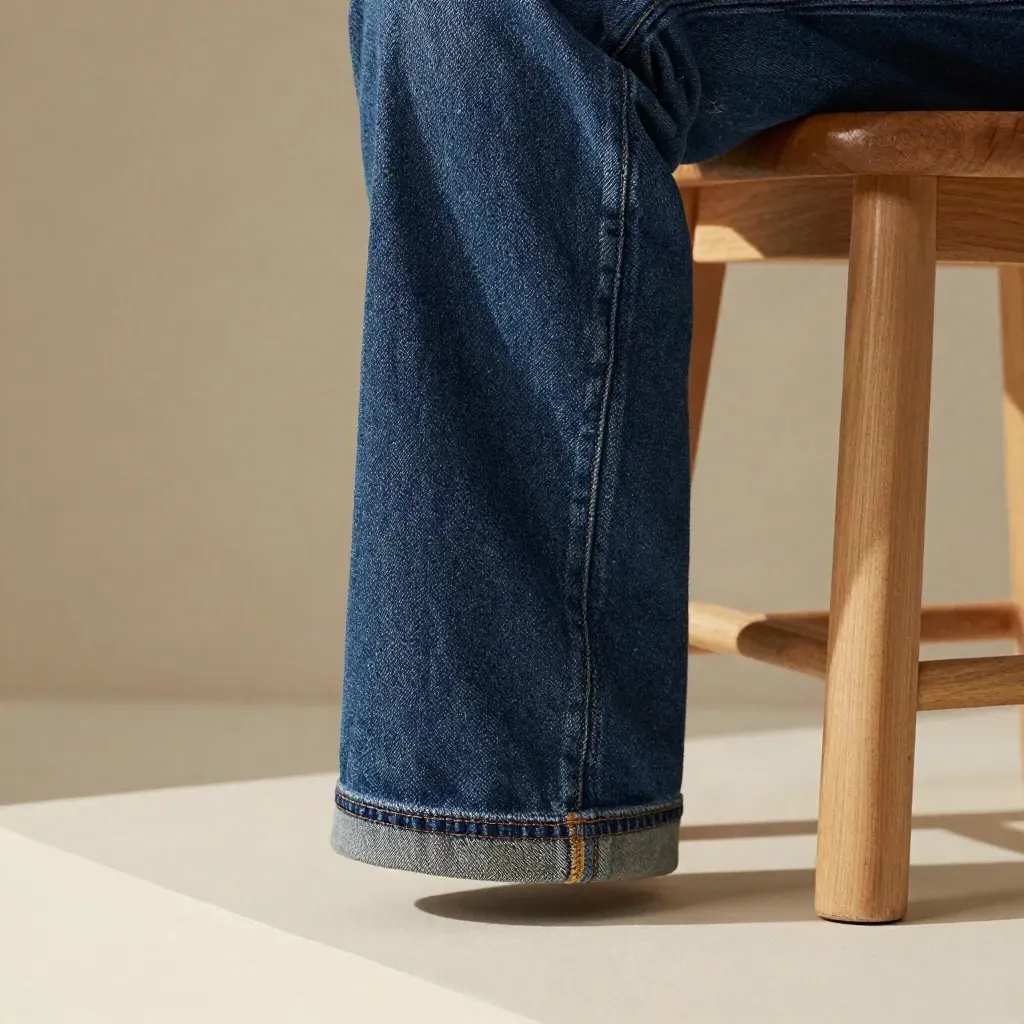 Indigo-Jeansbein mit frisch gesäumtem Umschlag auf hellem Holz, feine Fusseln im Licht
