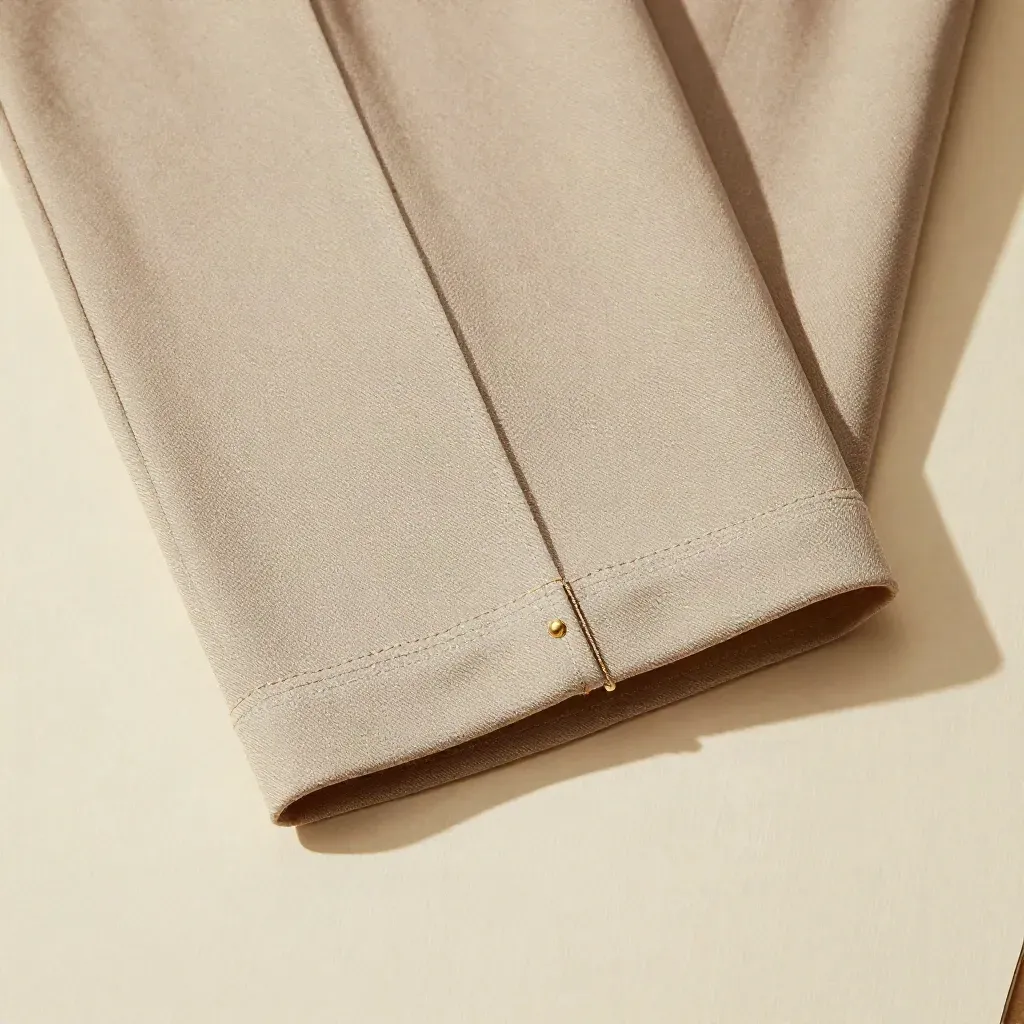 Beige Hose mit neuem Saum, Faltenkante und Messingnadeln in heller Draufsicht.
