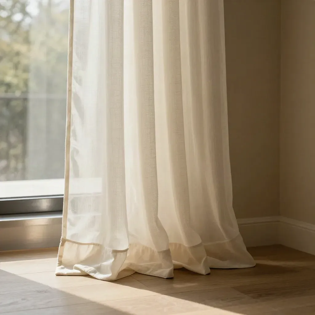 Transparenter Vorhang mit gesäumtem Abschluss und Saumband an hellem Fensterlicht.