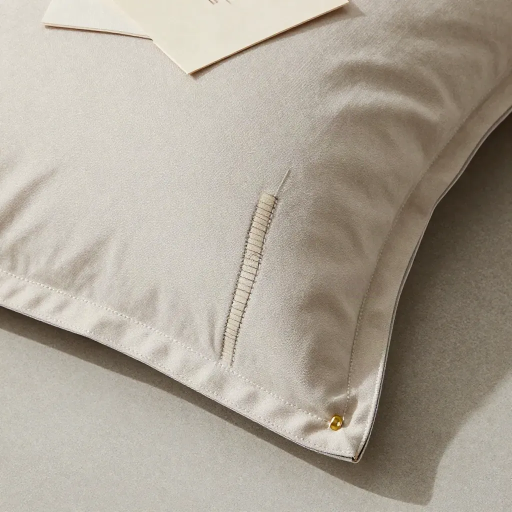Pillow-Nahtreparatur mit Keder, Reparaturklappe und Stoffprobe auf hellem Stein.