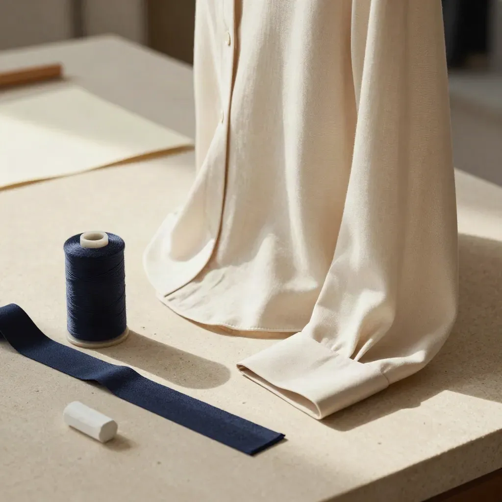 Eng anliegende Bluse mit Nahtreparatur, Garnspule und Stoffmuster auf hellem Werkbanktisch.