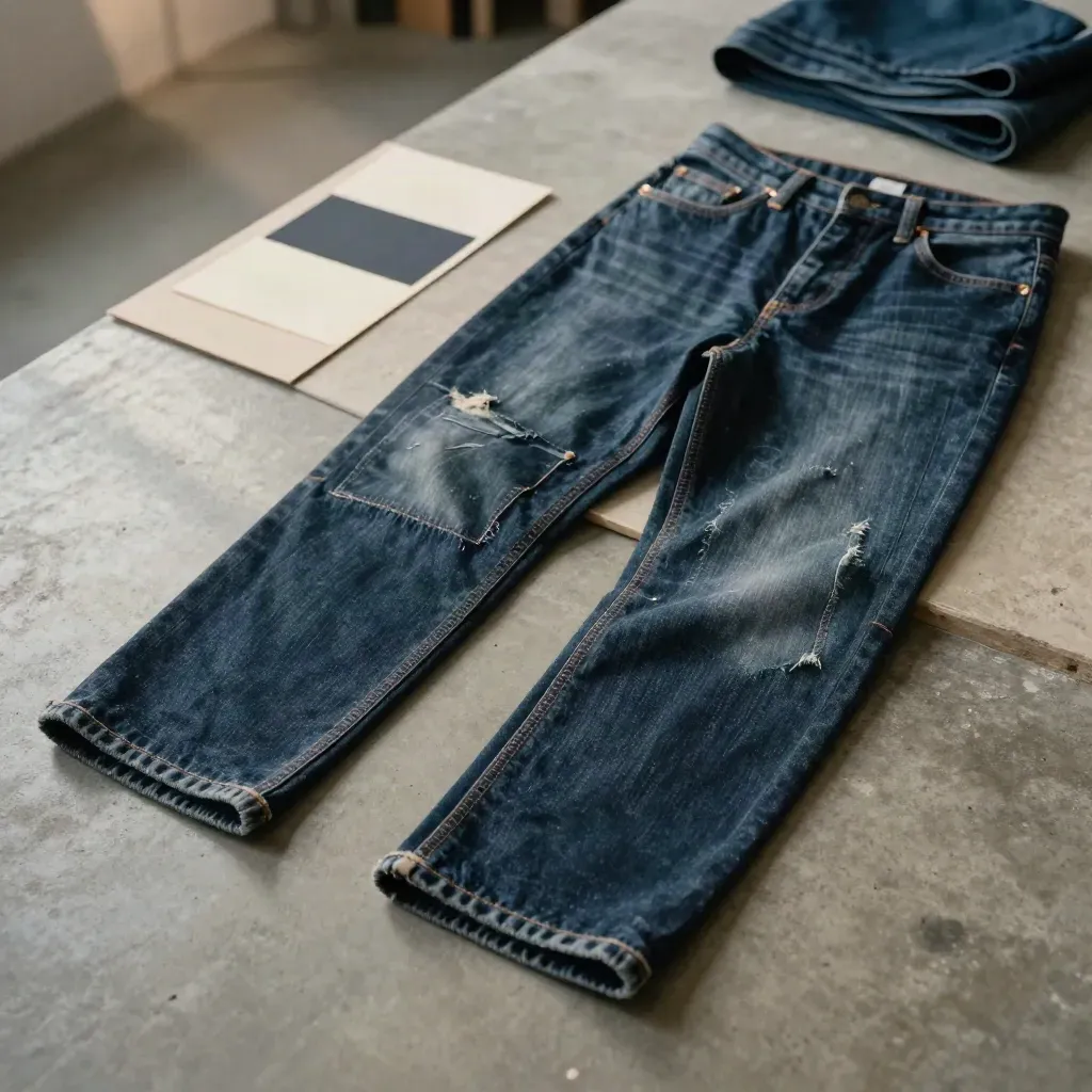 Zwei dunkle Denim-Knieflicken auf Jeans mit Ersatzstreifen auf Betonboden im Atelierlicht.