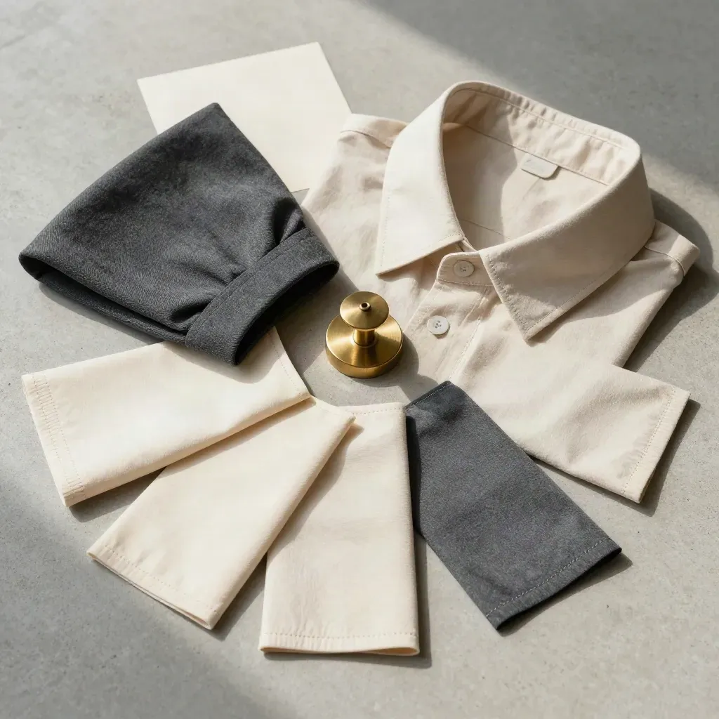 Overhead-Flatlay mit Musterteilen, Ärmel, Kragen und Saum auf hellem Beton.