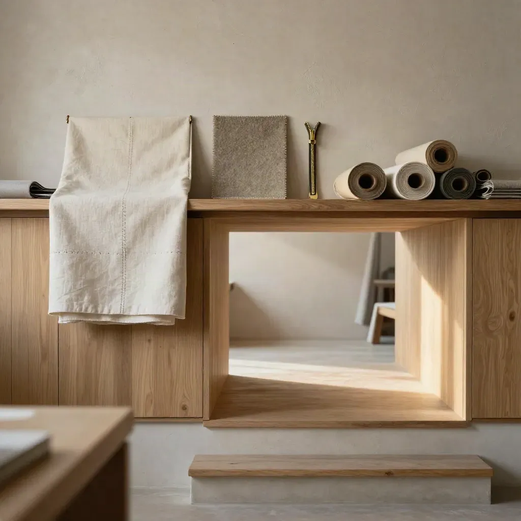 Atelier mit Nähproben, Holzpaneelen und ruhigem Treppenabsatz im Morgenlicht