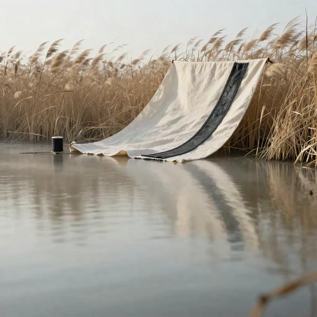 Schilf am stillen Wasser mit heller Stoffprobe am Ufer im warmen Licht.