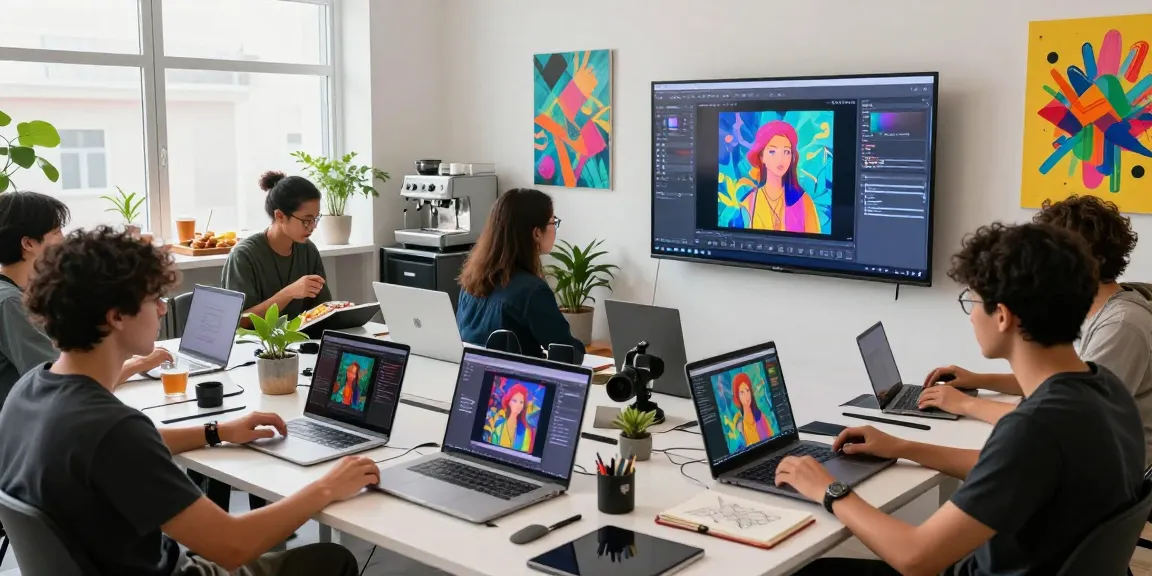 Dynamic workspace featuring NSFW AI generator with diverse artists collaborating on vibrant digital art.