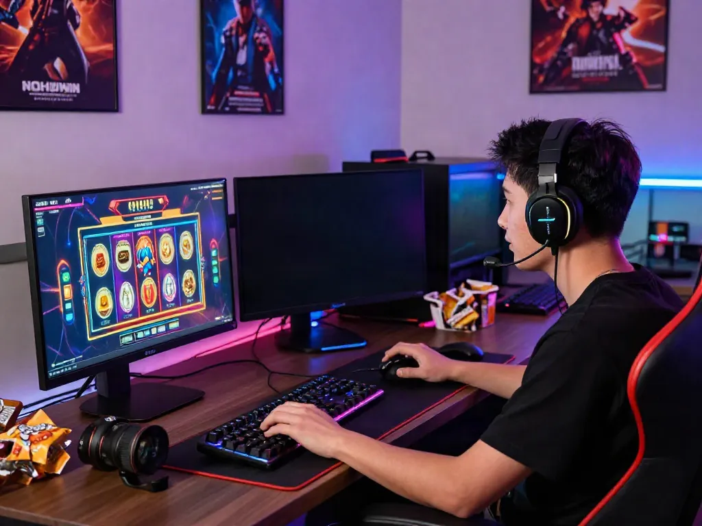 Player enjoying online gaming at https://choinohu.vip/ with vibrant slot game display and modern setup.