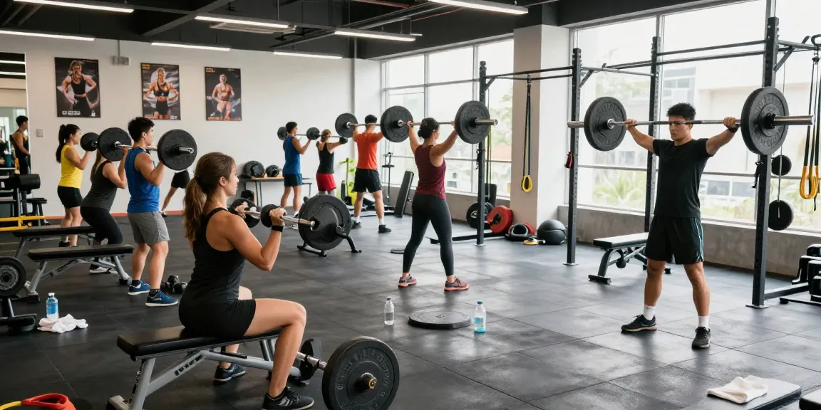 Aktive Fitness-Enthusiasten im Selliza Shop bei intensivem Gewichtstraining in einem modernen Gym.