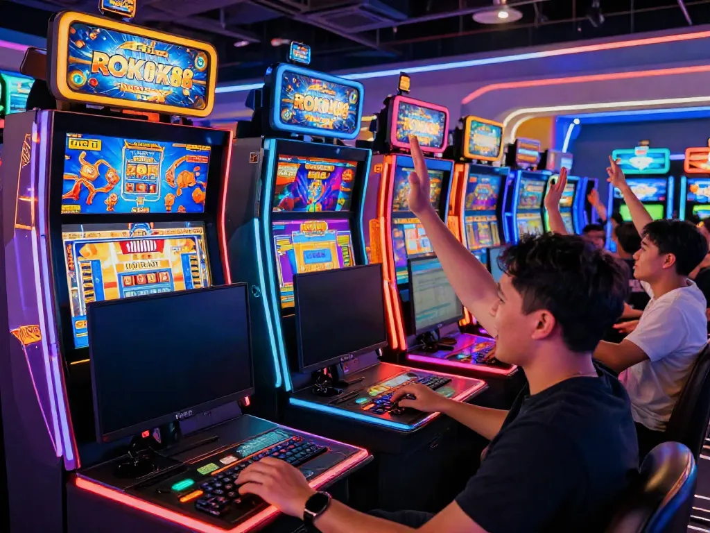 Exciting game moment at ROKOK88 slot machines with players celebrating wins