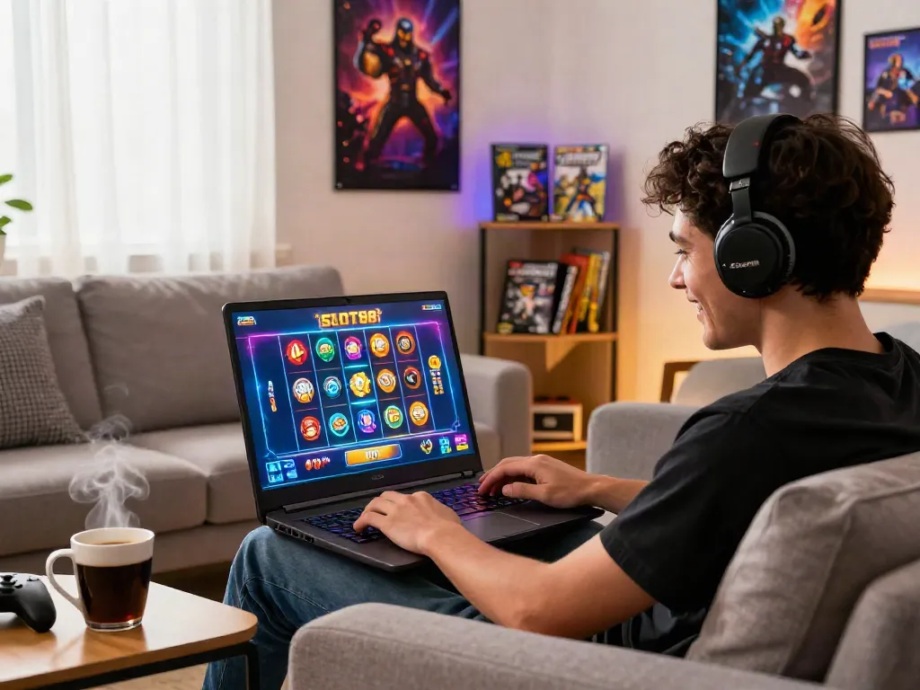 Engaged gamer playing slot88 games on a laptop in a cozy living room.