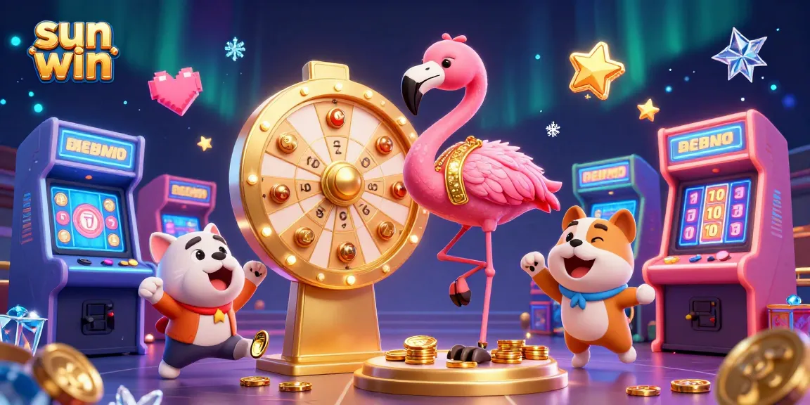 Engage in the excitement of sun win, featuring colorful slot machines, a flamingo host, and gaming elements.