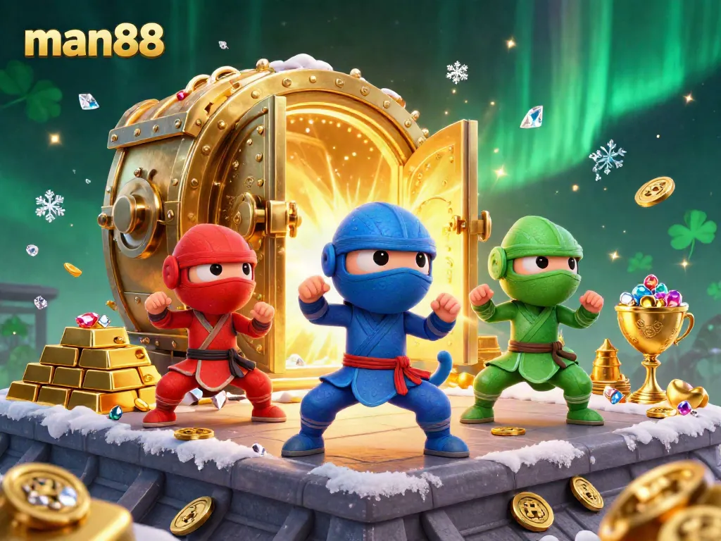 Experience thrilling action with man88's cartoon chameleon ninjas amidst a treasure-filled rooftop adventure.