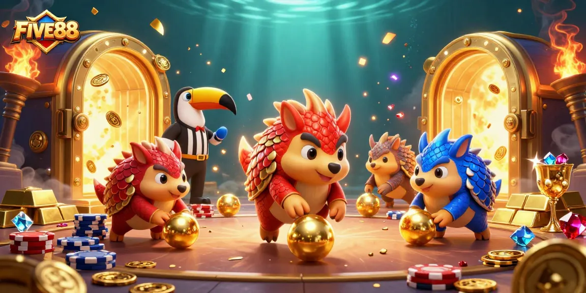 Engage in exciting gameplay at FIVE88 with rival pangolins bowling through poker chips.