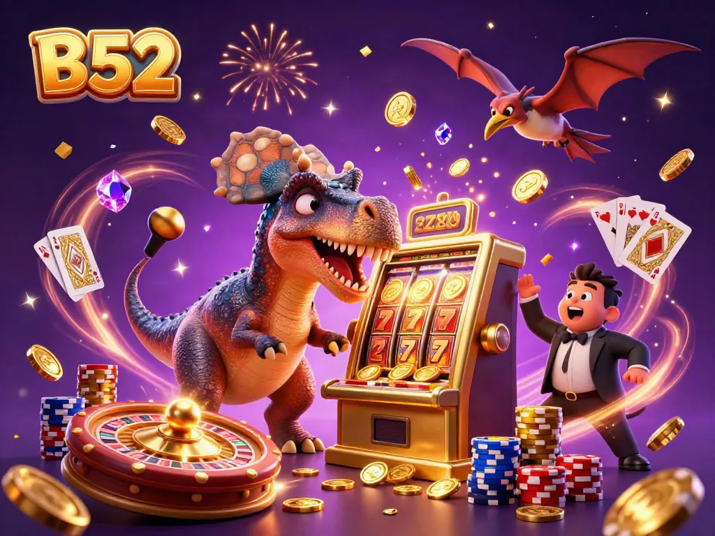 B52 themed casino illustration with a pachycephalosaurus hitting a slot machine, depicting exciting gaming moments.