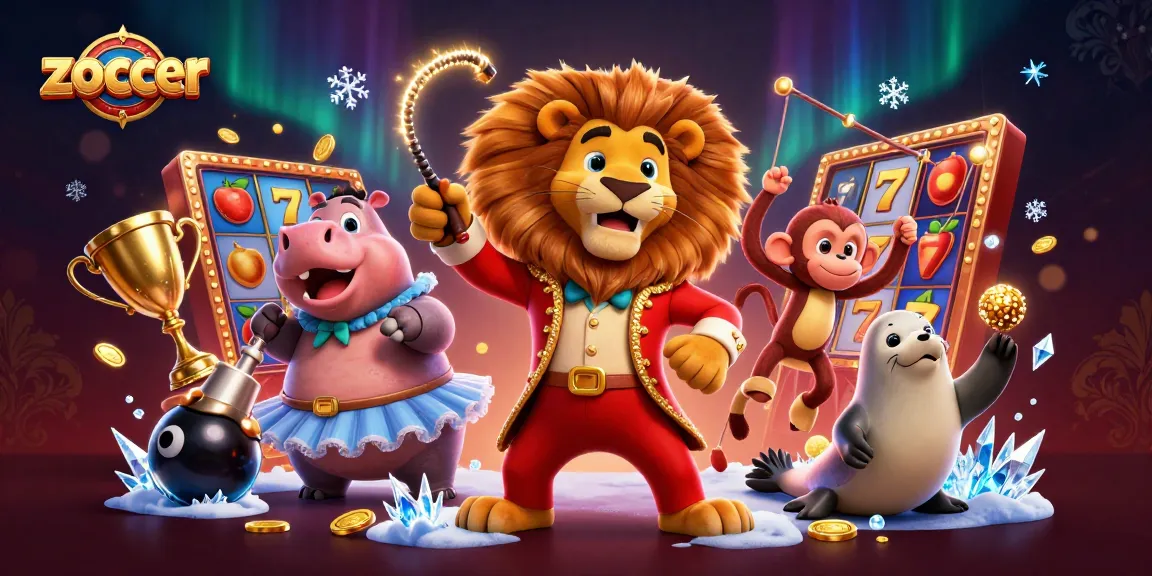 Zoccer features a vibrant 3D scene with casino characters enjoying the excitement of slots and jackpots.