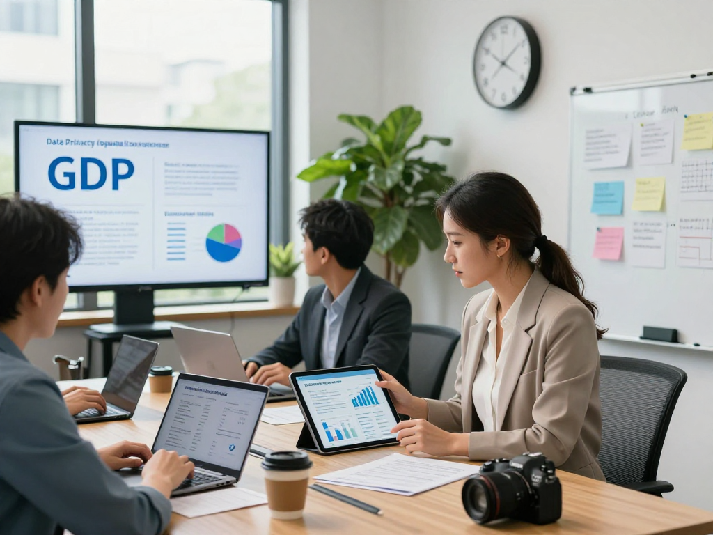 Professional team discussing Wissen / Blog-Hub on GDPR compliance in a modern office setting, reviewing data privacy strategies.