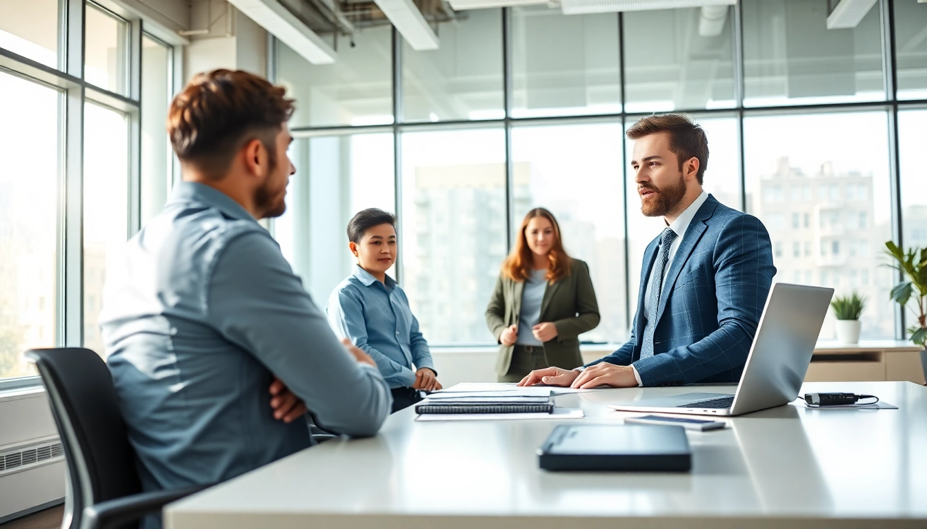 Headhunter Ingenieure discussing with candidates in an inviting modern office.