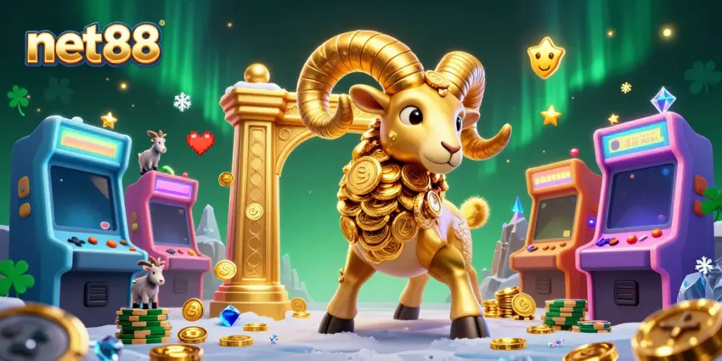 Engage with net88's thrilling gaming experience featuring a golden ram charging through a vibrant casino.