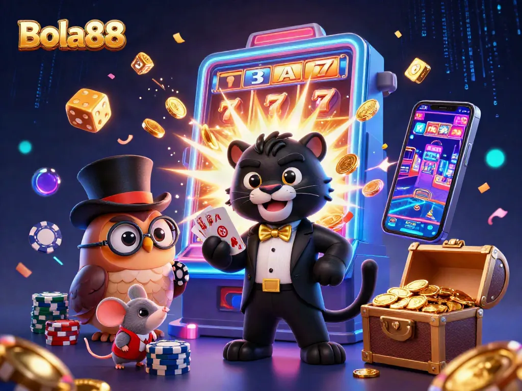 Bola88 captures the excitement of gaming with a panther dealer, owl, and lucky mouse amidst casino jackpots.